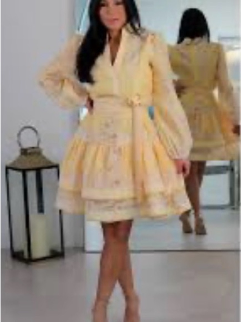 Floral Trim Yellow Tiered Mini Wrap Dress